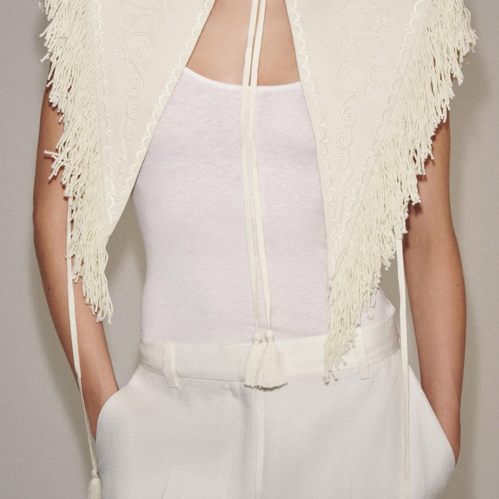 Zara NWT- ZW COLLECTION EMBROIDERED FRINGED WAISTCOAT - Ecru
